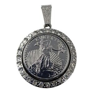 Silver Liberty Walking Coin Medallion Spinner Pendant Hip Hop Bling Jewelry